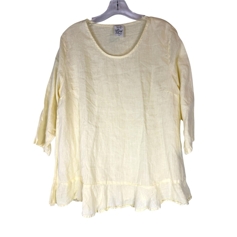 Match Point USA Linen Ruffle Hem Top Small Yellow Cottagecore Boho Peasant Shirt